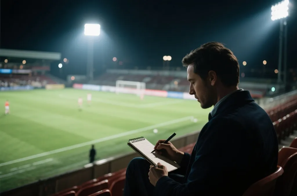 球探在看台上记录年轻球员表现并分析比赛数据